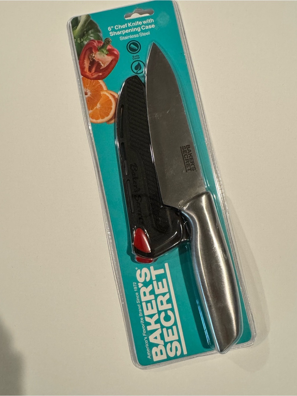 Baker's Secret 6” Stainless Steel Chef Knife with Sharpening Case - NEW